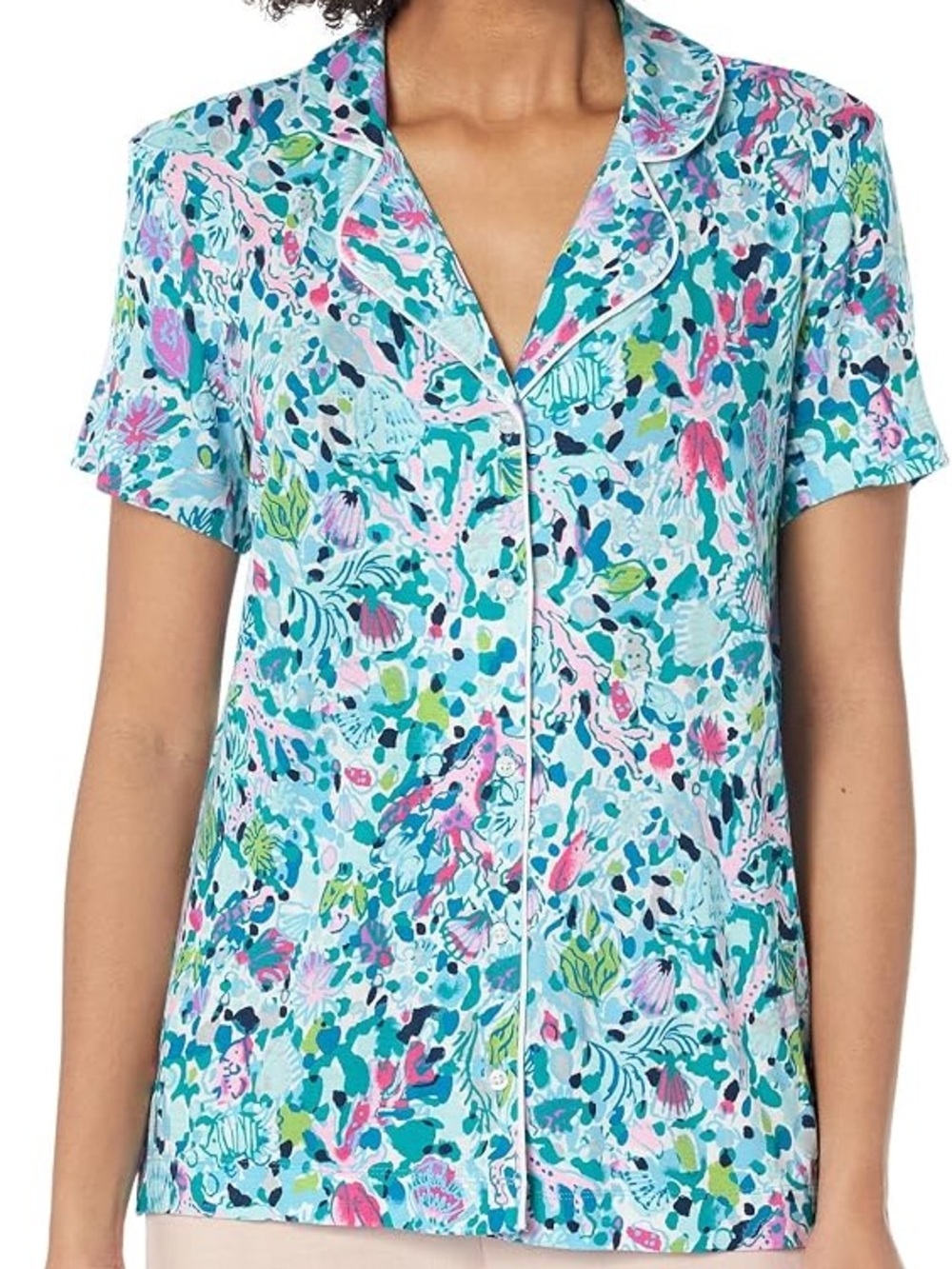 Lilly Pulitzer Multi Dive Bar PJ Top Short Sleeve Button Up Size Medium